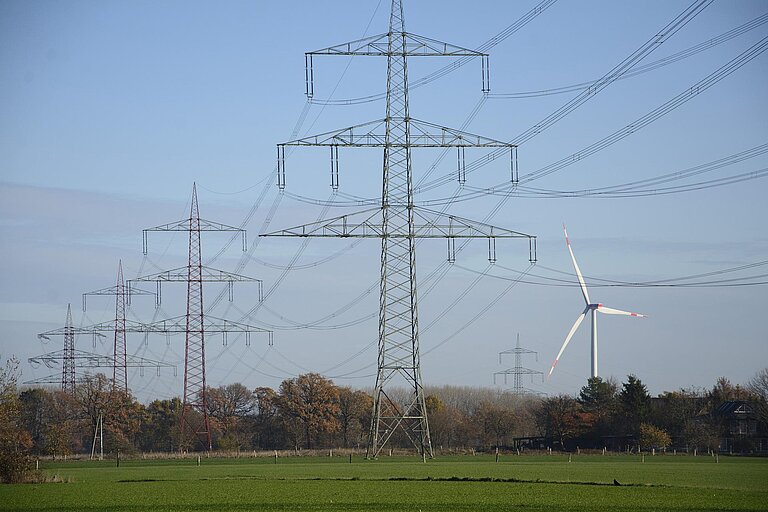 Eine Landschaftsaufnahme: Riesige Strommasten spannen ihre Leitungen über eine grüne Wiese und einen weit entfernten Wald. Am Horizont steht ein Windkraftrad.