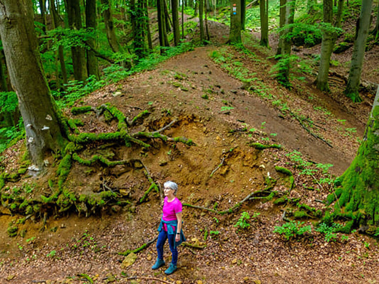Eine Frau steht vor den Resten der ehemaligen Ringmauer auf der Houbirg. Das ist ein hoher Erdwall mitten im Wald.